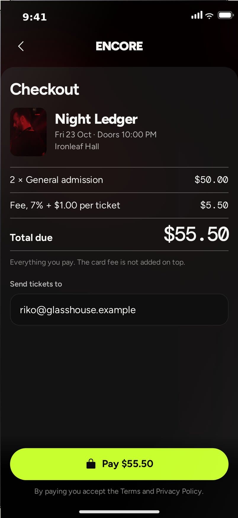 Encore app: checkout with the total due and a Pay $55.50 button