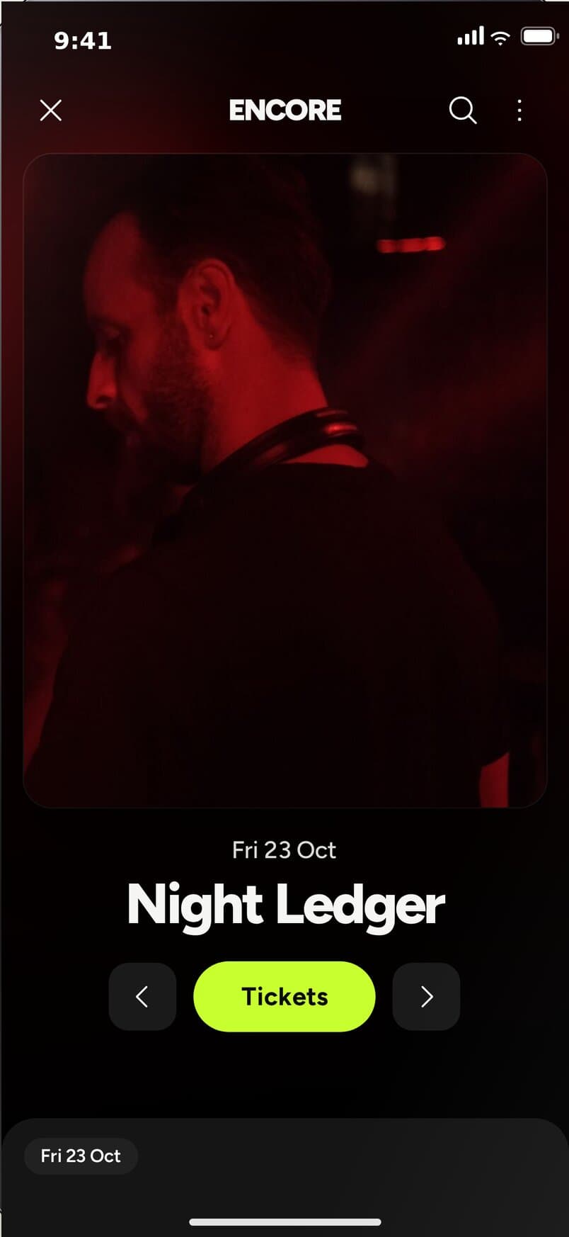 Encore app: the event page for Night Ledger, with a Tickets button