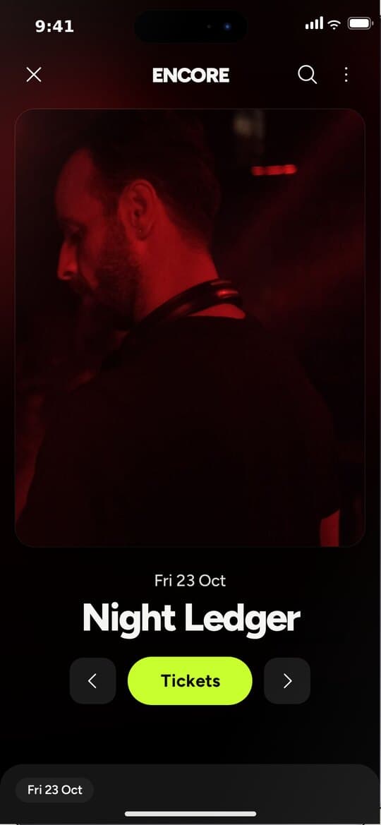 The Encore app showing the event page for Night Ledger, with a Tickets button