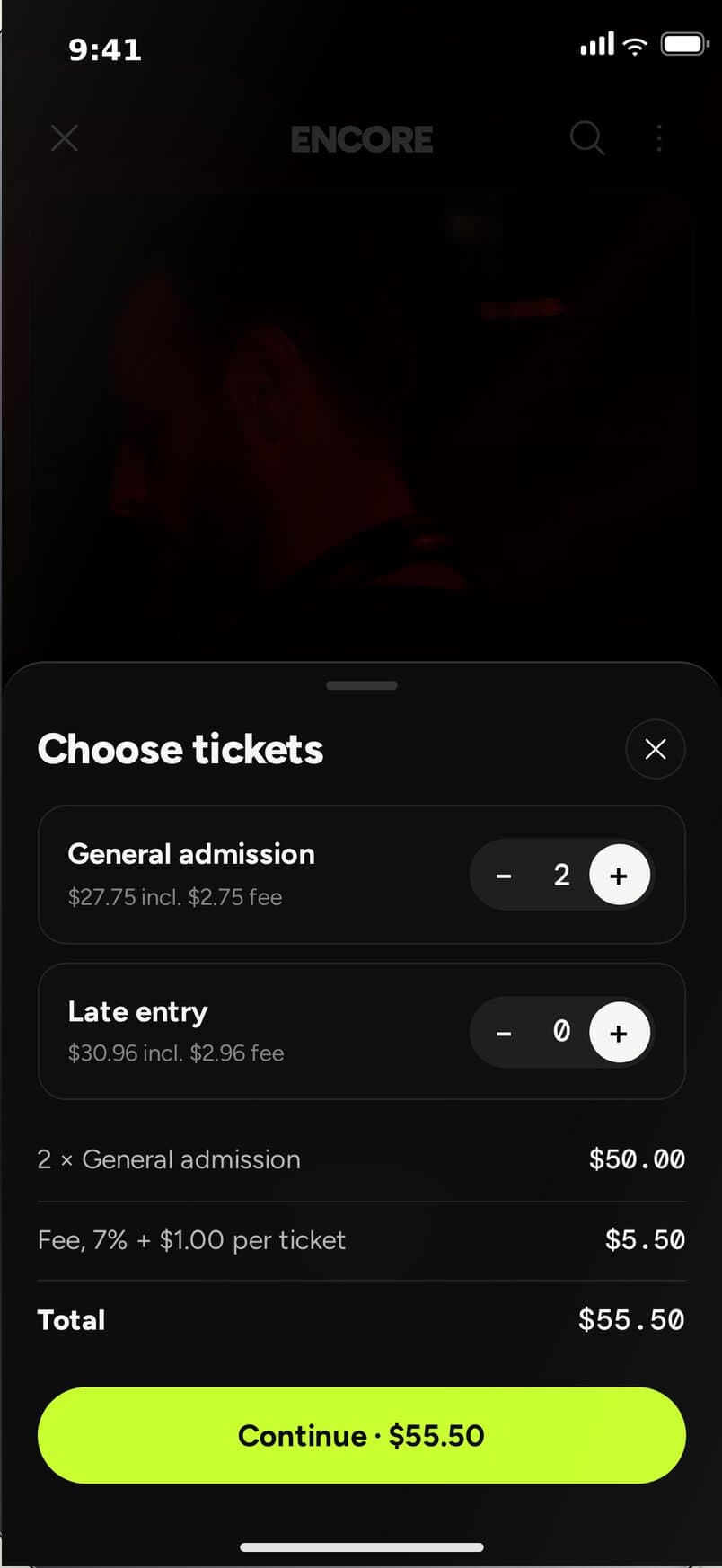 Encore app: choosing two General admission tickets, total $55.50 with the fee included
