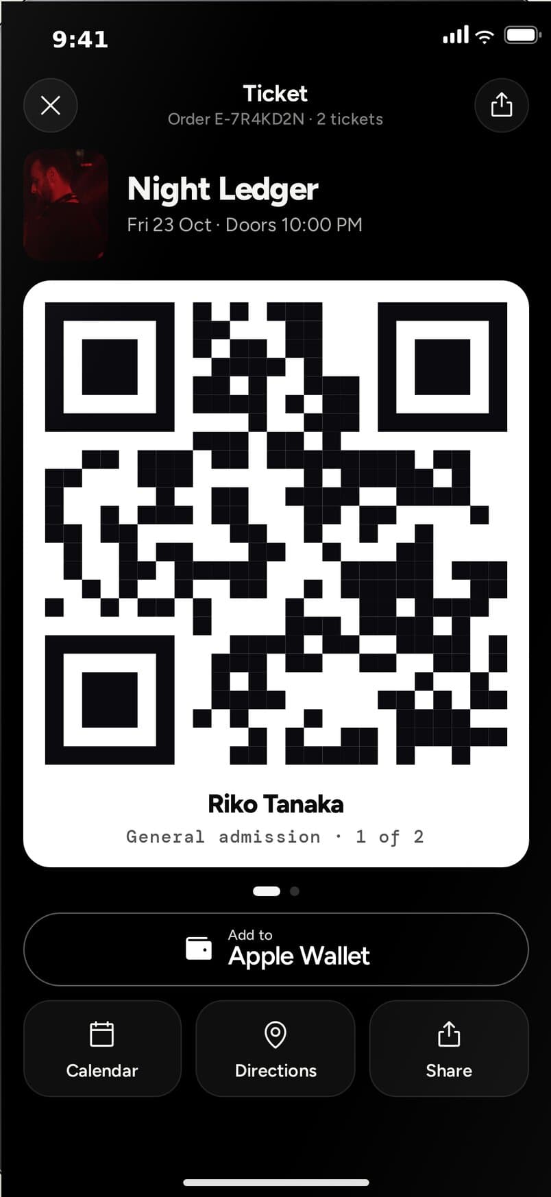 Encore app: the ticket with its QR code and an Add to Apple Wallet button