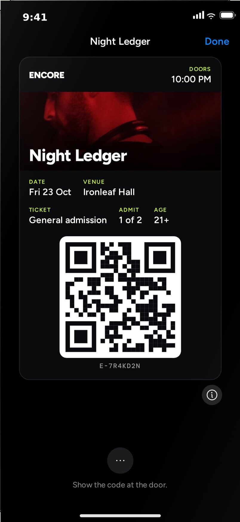 The ticket pass for Night Ledger with the date, the venue, the ticket type and the QR code